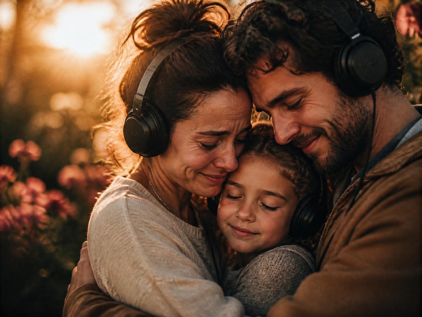 Família emocionada ouvindo música juntos